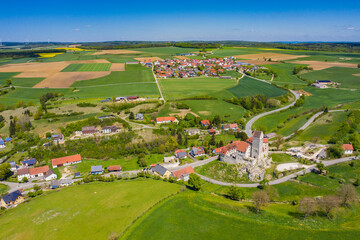  Aerial view of the castle Katzenstein close to the city Frickingen in Germany, Bavaria on a sunny spring day during the coronavirus lockdown.

