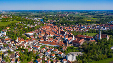 Aerial view of the city Donauworth in Bayern in Germany, Bavaria on a sunny spring day during the coronavirus lockdown.
