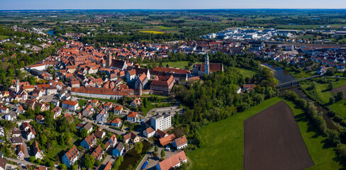Aerial view of the city Donauworth in Bayern in Germany, Bavaria on a sunny spring day during the coronavirus lockdown.
