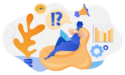 Female freelancer sitting on the comfortable chair and thinking. Laptop in the lap. Online Work from home concept. Flat design.