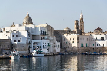 Fototapeta na wymiar Beautiful boats in Monopoli port near Castle of Carlo V with church in background, Apulia, Bari province, Italy
