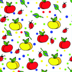 Background with apples, ladybug and leaf seamless on white