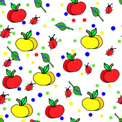 Background with apples, ladybug and leaf seamless on white