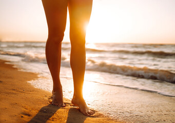 Woman legs walking along the sea coast at sunset. The concept of relax, travel, freedom and summer vacation.