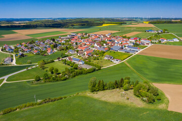  Aerial view the city Frickingen in Germany, Bavaria on a sunny spring day during the coronavirus lockdown.
