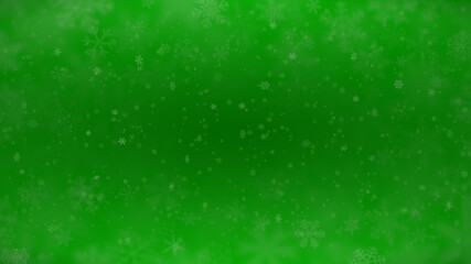 Christmas background of snowflakes of different shapes, sizes, blur and transparency in green colors