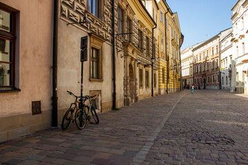 A Bicycle and European architecture street view in Krakow city, Poland, Central Europe