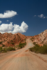 Traveling along the dirt road across the desert and red sandstone. 