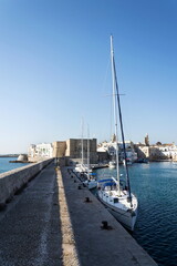 Beautiful boats in Monopoli port near Castle of Carlo V with church in background, Apulia, Bari...