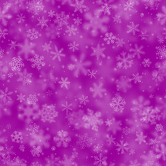 Christmas seamless pattern of snowflakes of different shapes, sizes, blur and transparency on purple background
