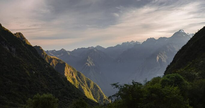 Inca Trail landscape timelapse of Andes Mountains in Peru. Time lapse at sunset of clouds moving on the famous hike to Machu Picchu through Peruvian scenery