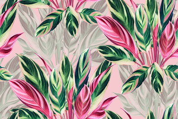 Watercolor painting colorful tropical green,pink leaves seamless pattern background.Watercolor hand drawn illustration tropical exotic leaf prints for wallpaper,textile Hawaii aloha summer style..