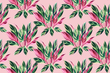 Watercolor painting colorful tropical green,pink leaves seamless pattern background.Watercolor hand drawn illustration tropical exotic leaf prints for wallpaper,textile Hawaii aloha summer style.