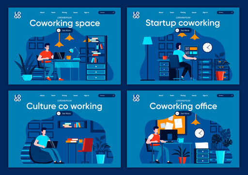 Coworking Space Flat Landing Pages Set. Designers And Developers Working At Open Workspace Scenes For Website Or CMS Web Page. Startup Coworking, Culture Of Co Working In Office Vector Illustration