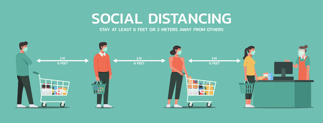 people maintain social distancing to prevent virus spreading and transmission at the supermarket, man and woman keep distance from others, new normal concept, vector flat illustration