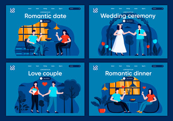 Romantic date flat landing pages set. Boyfriend and girlfriend relationships, valentines day scenes for website or CMS web page. Love couple, romantic dinner and wedding ceremony vector illustration