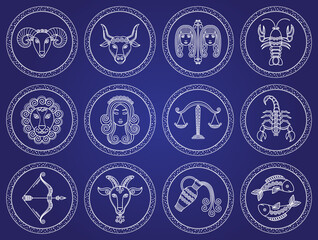 Twelve astrological signs. Icons of aquarius and gemini, virgo and scorpio, cancer and taurus, aries and libra, leo and pisces, capricort and sagittarius. Vector illustration of zodiacs in flat style