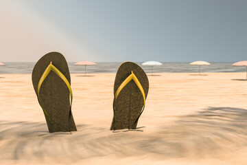 3d rendering of summer concept. Yellow flip flop  isolated on sand and sea background with sunlight and shadow of coconut leaves. Minimal design art. Copy space.