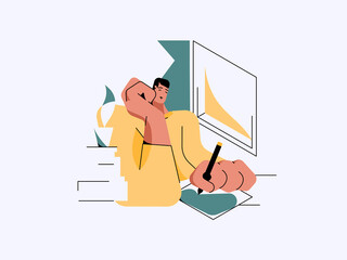 Graphic designer character drawing in his room. © Dumitru