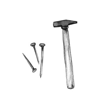 watercolor illustration of a black and white image of the repair tools.hammer and nails. isolated on a white background.