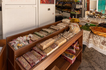 Oriental sweets on a counter in a shop in the Arab market on Al-Qattanin street in the Arab Quarter in the old city of Jerusalem, Israel