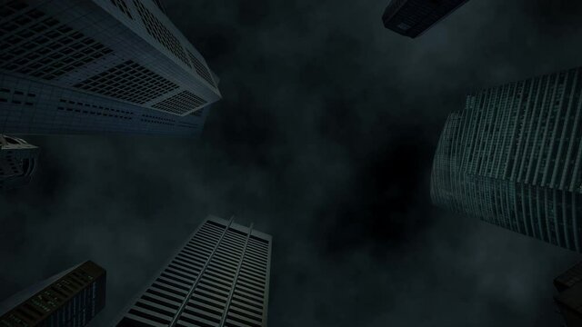 An abstract concept of the global financial apocalypse with a dark dramatic sky above big city skyscrapers.