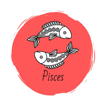 Pisces negative mutable zodiac sign with sketch of two fish in circle. Astrological element for people born in february and march. Isolated decorative icon for horoscopes and predictions vector