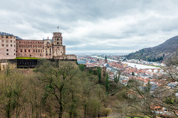 Fototapeta na wymiar Panorama of Heidelberg Castle, ger. Schloss Heidelberg, and Skyline of the Town Heidelberg, Baden-Wuerttemberg, Germany. Europe