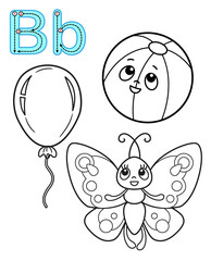 Printable coloring page for kindergarten and preschool. Card for study English. Vector coloring book alphabet. Letter b. Butterfly, balloon, boll - obrazy, fototapety, plakaty