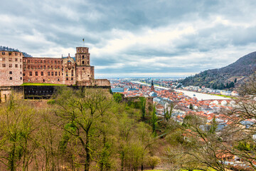 Panorama of Heidelberg Castle, ger. Schloss Heidelberg, and Skyline of Downtown of Heidelberg, Baden-Wuerttemberg, Germany. Europe