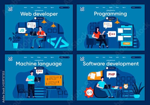 Software Development Flat Landing Pages Set Frontend And Backend Developers Working In Office Scenes For Website Or Cms Web Page Web Development Programming And Machine Language Vector Illustration Wall Mural Alexdndz