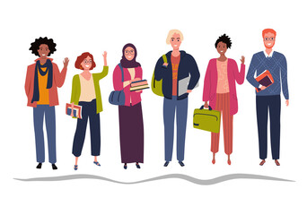 Fototapeta premium Group of multicultural students holding books and laptop. Flat vector illustration. Young girls and boys isolated on white background
