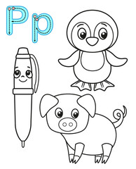 Printable coloring page for kindergarten and preschool. Card for study English. Vector coloring book alphabet. Letter P. pen, penguin, pig