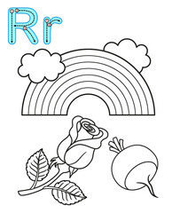 Printable coloring page for kindergarten and preschool. Card for study English. Vector coloring book alphabet. Letter R. rainbow, rose, radish