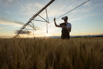 Serious young Caucasian farmer or agronomist standing in ripe wheat field beneath center pivot...