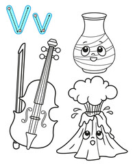 Printable coloring page for kindergarten and preschool. Card for study English. Vector coloring book alphabet. Letter V. vase, volcano, violin