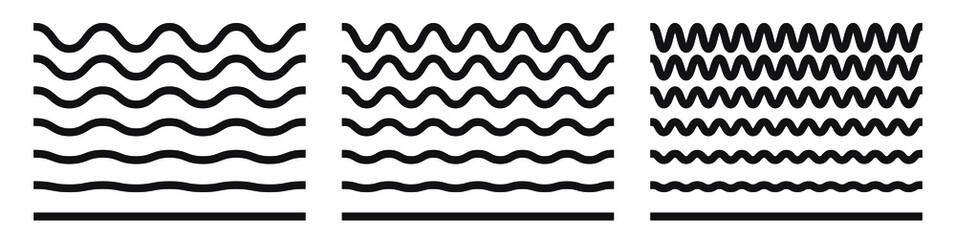 Wave line and wavy zigzag pattern lines. Vector black underlines, smooth end squiggly horizontal curvy squiggles - obrazy, fototapety, plakaty