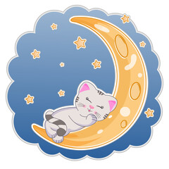 Cute cartoon cat sleeping in the moon in the night.