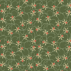 Vector floral seamless pattern with curly twigs, small orchid flowers. Vintage background in green, yellow and red color. Elegant botanical texture. Stylish repeat design for tileable print, wallpaper