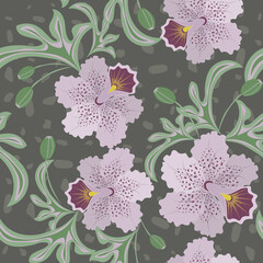Vector tropical seamless pattern. Stylish background in hawaiian style with hand drawn lilac orchid flowers and green leaves. Elegant botanical texture. Summer design for textile, wallpapers, prints