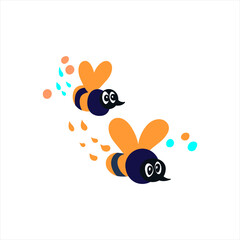 Two flying bees with big eyes and stings. Isolated vector illustration.