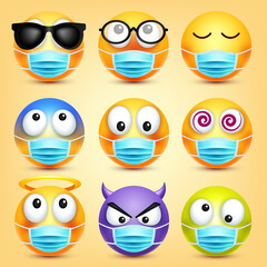 Emoticons, emoji vector collection. Cartoon yellow face with medical mask. Facial expressions and emotions.