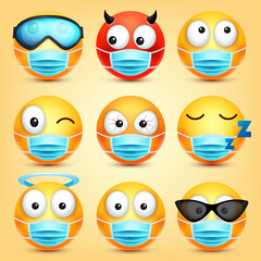 Emoticons, emoji vector collection. Cartoon yellow face with medical mask. Facial expressions and emotions.