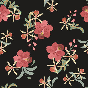 Vector floral seamless pattern. Stylish background in hawaiian style with red exotic flowers and green leaves on black backdrop. Elegant botanical texture. Summer design for textile, wallpapers