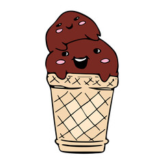 Vector illustration of happy cute ice cream. Hand drawn doodle with ice cream: cup ice cream. Sketch style vector illustration for cafe menu, card, birthday card decoration