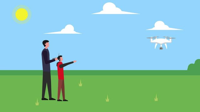 Father operated drone and plays with his son at park