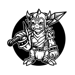 Vector illustration of Goblin Knight with Sword, Blade, Armor on the White background. Hand-drawn illustration for mascot sport logo badge label sign poster emblem patch t-shirt printing. Vector Logo