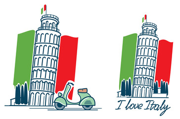 Fototapeta premium Italy, Pisa, Italian scooter, Italian flag, the tower of Pisa. Landmark illustration. Vector file