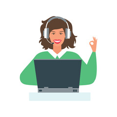 customer service concept, hotline operator advises customer, online global technical support 24/7, customer and operator. Vector illustration