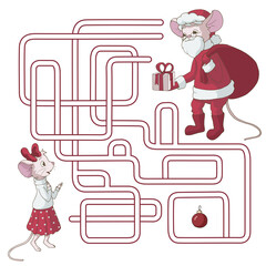 Labyrinth. Maze game for kids. Help Santa Claus mouse gives a present to a mouse girl. Find path to girl. Christmas vector illustration.